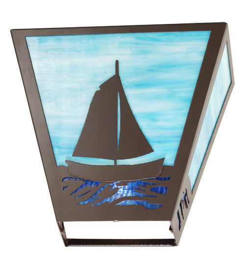 Meyda Lighting Sailboat 13" 2-Light Timeless Bronze Wall Sconce With Sky Blue & Blue Green Ripple Art Shade Glass