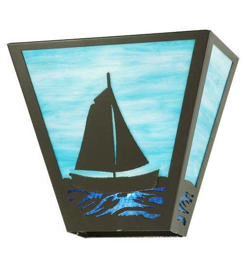 Meyda Lighting Sailboat 13" 2-Light Timeless Bronze Wall Sconce With Sky Blue & Blue Green Ripple Art Shade Glass