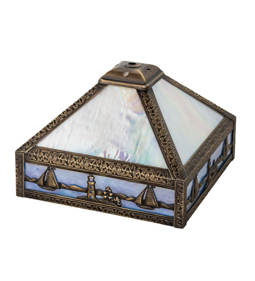 Meyda Lighting Sailboat 13" Antique Brass Mission Frame With Beige Iridescent & Light Blue Shade Glass