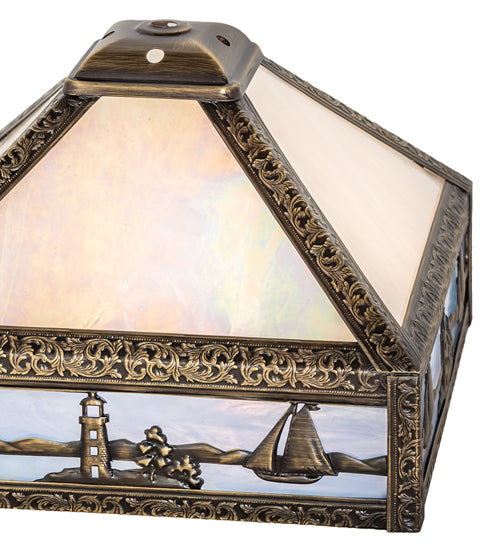 Meyda Lighting Sailboat 13" Antique Brass Mission Frame With Beige Iridescent & Light Blue Shade Glass