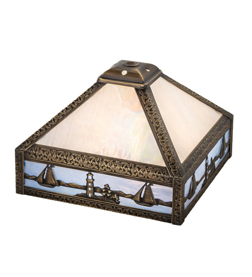 Meyda Lighting Sailboat 13" Antique Brass Mission Frame With Beige Iridescent & Light Blue Shade Glass