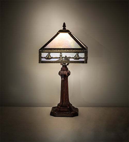 Meyda Lighting Sailboat 19" Antique Brass Mission Accent Table Lamp With Blue & White Shade Glass