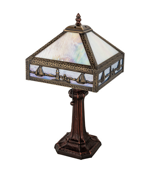 Meyda Lighting Sailboat 19" Antique Brass Mission Accent Table Lamp With Blue & White Shade Glass