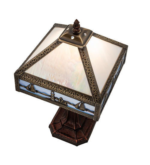 Meyda Lighting Sailboat 19" Antique Brass Mission Accent Table Lamp With Blue & White Shade Glass