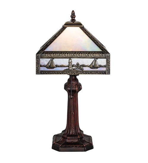 Meyda Lighting Sailboat 19" Antique Brass Mission Accent Table Lamp With Blue & White Shade Glass