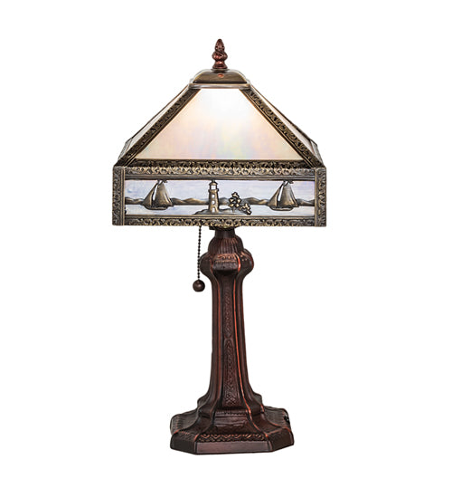 Meyda Lighting Sailboat 19" Antique Brass Mission Accent Table Lamp With Blue & White Shade Glass