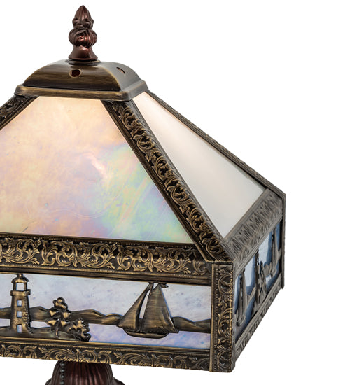 Meyda Lighting Sailboat 19" Antique Brass Mission Accent Table Lamp With Blue & White Shade Glass