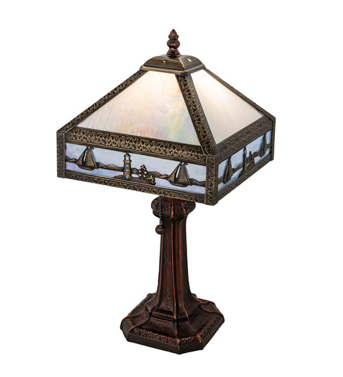 Meyda Lighting Sailboat 19" Antique Brass Mission Accent Table Lamp With Blue & White Shade Glass