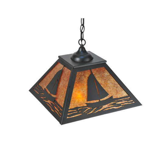Meyda Lighting Sailboat 22" 2-Light Textured Black Pendant Light With Amber Mica Shade Glass