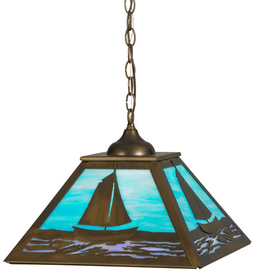 Meyda Lighting Sailboat 22" Antique Copper Pendant Light With Sky Blue and Light Blue Shade Glass