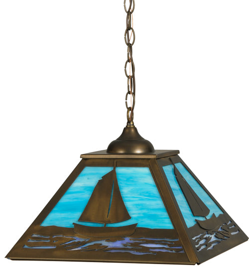 Meyda Lighting Sailboat 22" Antique Copper Pendant Light With Sky Blue and Light Blue Shade Glass