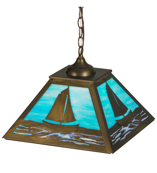 Meyda Lighting Sailboat 22" Antique Copper Pendant Light With Sky Blue and Light Blue Shade Glass