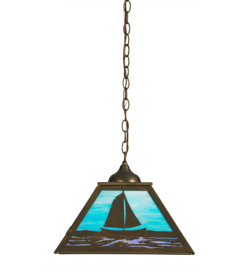Meyda Lighting Sailboat 22" Antique Copper Pendant Light With Sky Blue and Light Blue Shade Glass