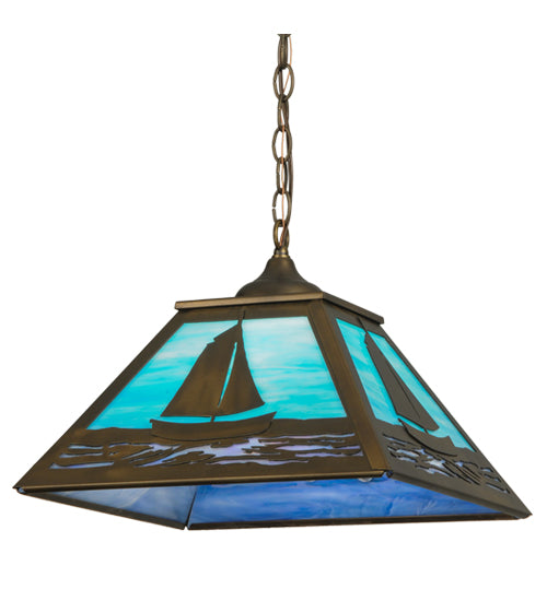 Meyda Lighting Sailboat 22" Antique Copper Pendant Light With Sky Blue and Light Blue Shade Glass