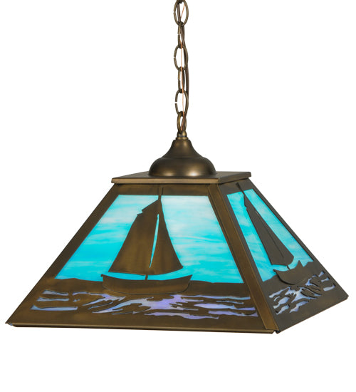 Meyda Lighting Sailboat 22" Antique Copper Pendant Light With Sky Blue and Light Blue Shade Glass