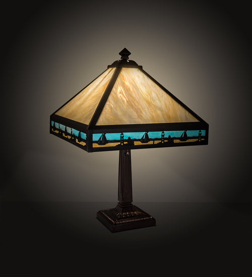 Meyda Lighting Sailboat 23" Craftsman Brown Mission Table Lamp With Blue & Beige Shade Glass