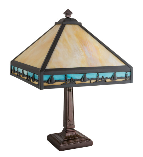 Meyda Lighting Sailboat 23" Craftsman Brown Mission Table Lamp With Blue & Beige Shade Glass