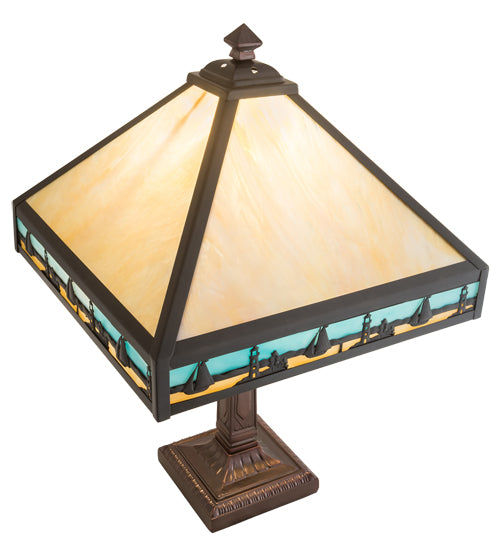 Meyda Lighting Sailboat 23" Craftsman Brown Mission Table Lamp With Blue & Beige Shade Glass