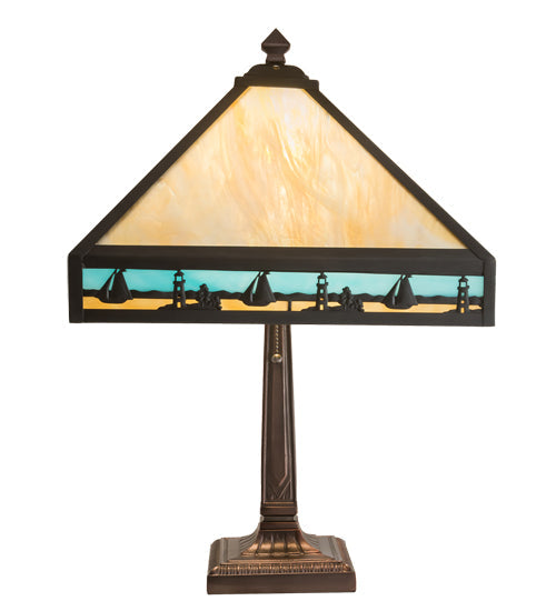 Meyda Lighting Sailboat 23" Craftsman Brown Mission Table Lamp With Blue & Beige Shade Glass