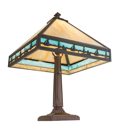 Meyda Lighting Sailboat 23" Craftsman Brown Mission Table Lamp With Blue & Beige Shade Glass