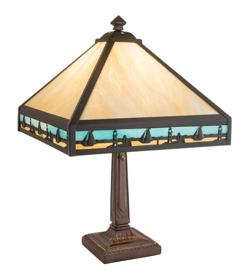 Meyda Lighting Sailboat 23" Craftsman Brown Mission Table Lamp With Blue & Beige Shade Glass