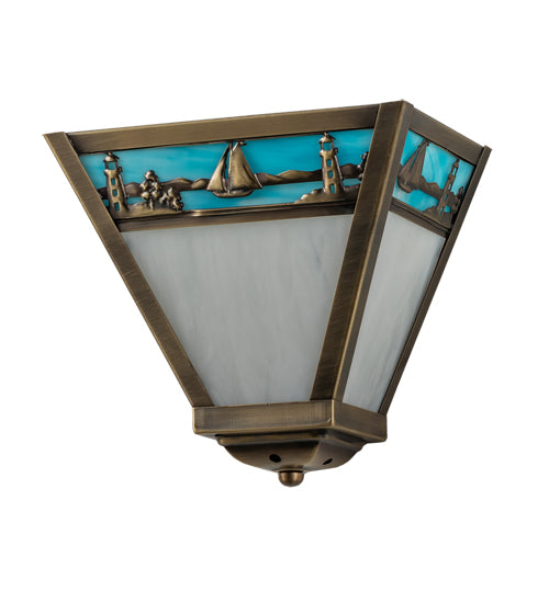 Meyda Lighting Sailboat 9" Antique Brass Wall Sconce With Blue & White Shade Glass