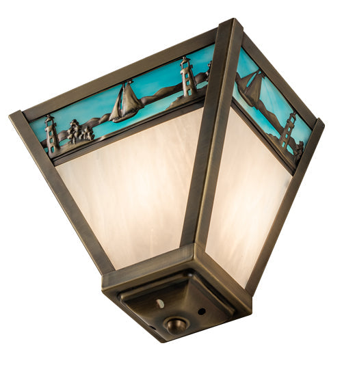 Meyda Lighting Sailboat 9" Antique Brass Wall Sconce With Blue & White Shade Glass