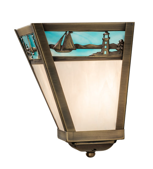 Meyda Lighting Sailboat 9" Antique Brass Wall Sconce With Blue & White Shade Glass