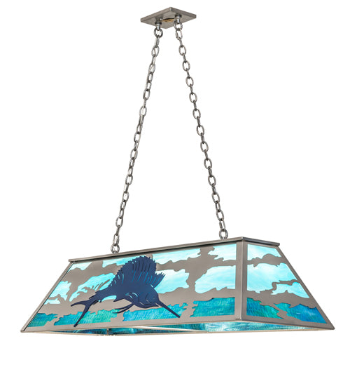 Meyda Lighting Sailfish 48" 6-Light Nickel & Transparent Blue Island Pendant With Green & Blue Shade Glass