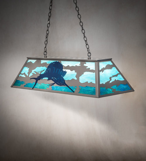 Meyda Lighting Sailfish 48" 6-Light Nickel & Transparent Blue Island Pendant With Green & Blue Shade Glass