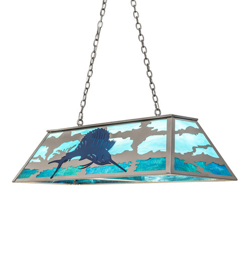 Meyda Lighting Sailfish 48" 6-Light Nickel & Transparent Blue Island Pendant With Green & Blue Shade Glass