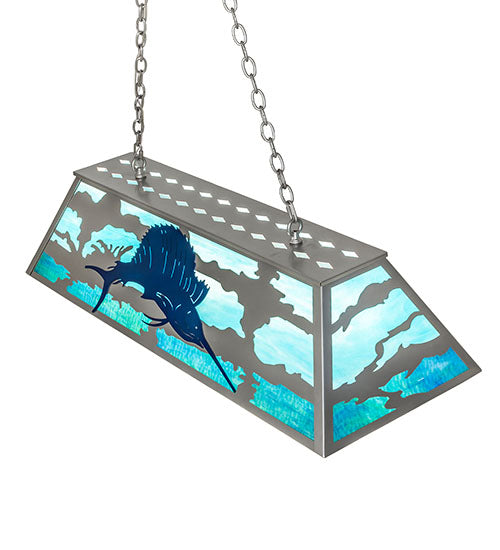 Meyda Lighting Sailfish 48" 6-Light Nickel & Transparent Blue Island Pendant With Green & Blue Shade Glass