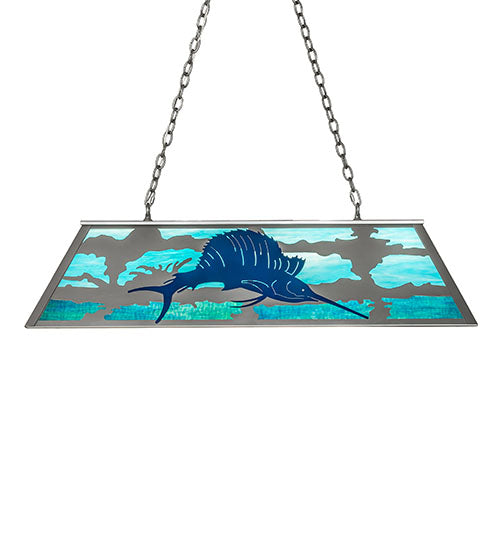 Meyda Lighting Sailfish 48" 6-Light Nickel & Transparent Blue Island Pendant With Green & Blue Shade Glass