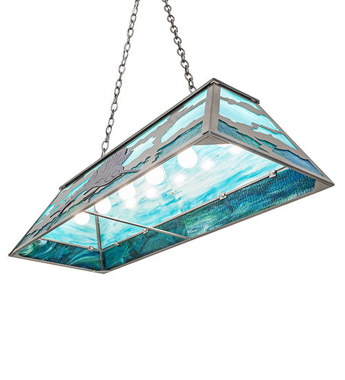 Meyda Lighting Sailfish 48" 6-Light Nickel & Transparent Blue Island Pendant With Green & Blue Shade Glass