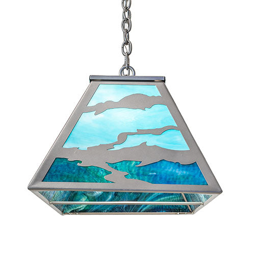 Meyda Lighting Sailfish 48" 6-Light Nickel & Transparent Blue Island Pendant With Green & Blue Shade Glass