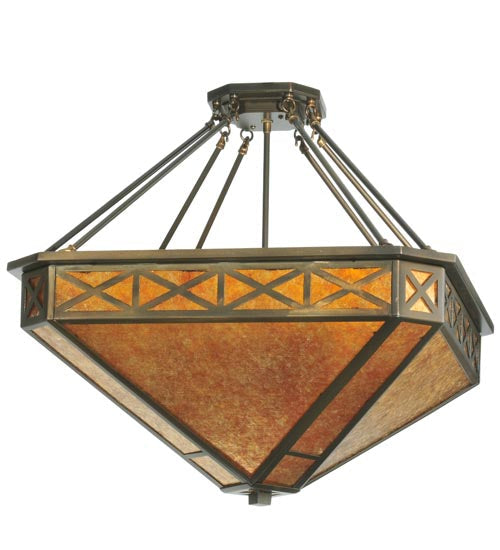 Meyda Lighting Saltire Craftsman 32" 4-Light Antique Copper Inverted Pendant Light With Amber Mica Shade Glass