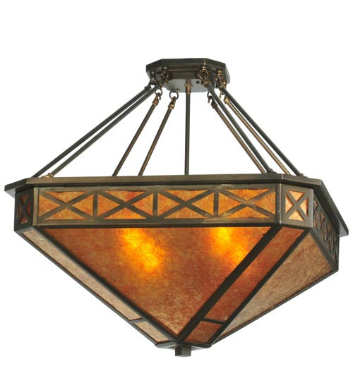 Meyda Lighting Saltire Craftsman 32" 4-Light Antique Copper Inverted Pendant Light With Amber Mica Shade Glass