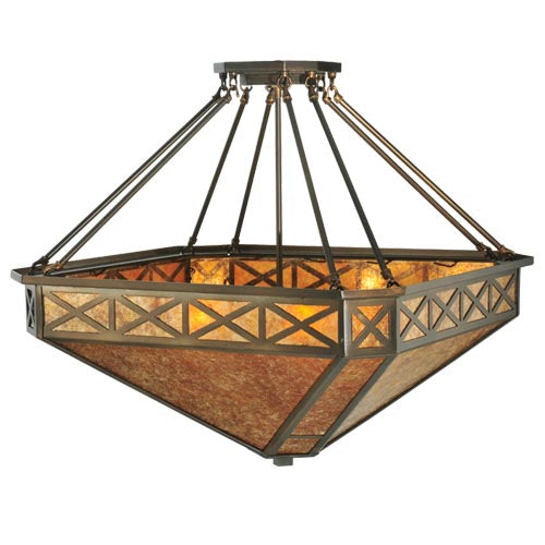 Meyda Lighting Saltire Craftsman 32" 4-Light Antique Copper Inverted Pendant Light With Amber Mica Shade Glass