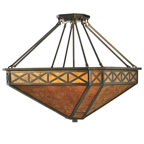 Meyda Lighting Saltire Craftsman 32" 4-Light Antique Copper Inverted Pendant Light With Amber Mica Shade Glass
