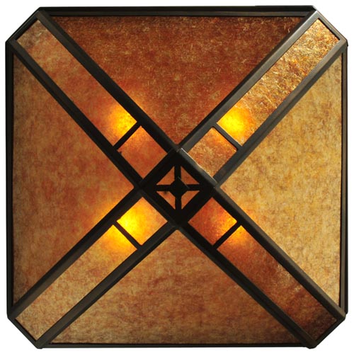 Meyda Lighting Saltire Craftsman 32" 4-Light Antique Copper Inverted Pendant Light With Amber Mica Shade Glass
