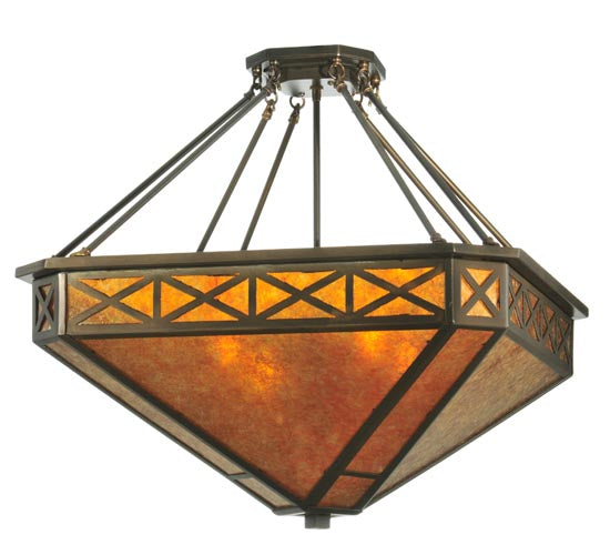 Meyda Lighting Saltire Craftsman 32" 4-Light Antique Copper Inverted Pendant Light With Amber Mica Shade Glass