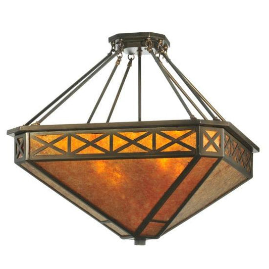 Meyda Lighting Saltire Craftsman 32" 4-Light Antique Copper Inverted Pendant Light With Amber Mica Shade Glass
