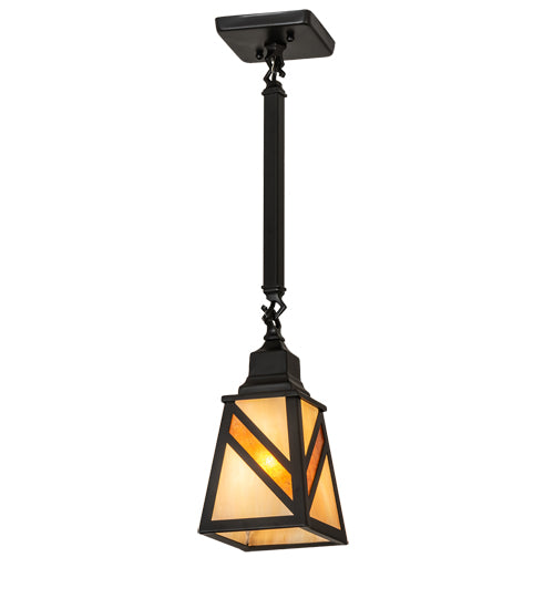 Meyda Lighting Santa Fe 5"Sq Flat Black Mini Pendant Light With Beige Iridescent & Amber Mica Shade Glass