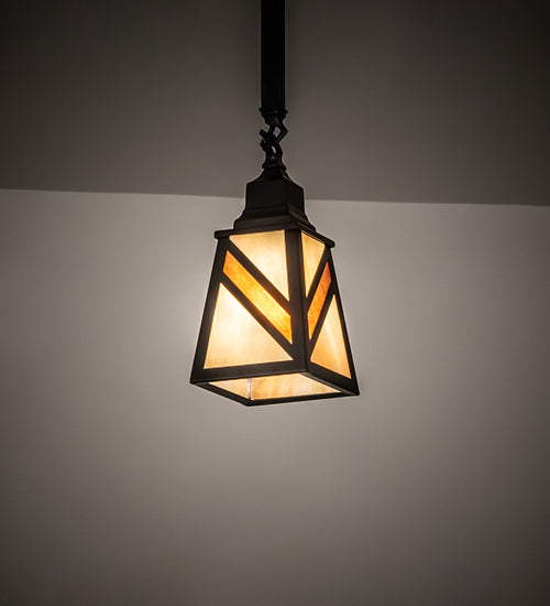 Meyda Lighting Santa Fe 5"Sq Flat Black Mini Pendant Light With Beige Iridescent & Amber Mica Shade Glass