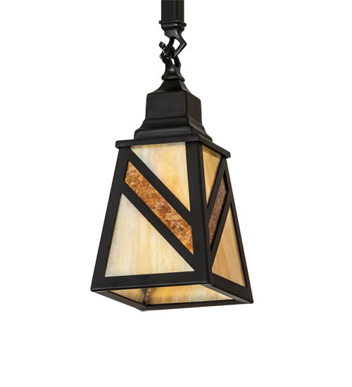 Meyda Lighting Santa Fe 5"Sq Flat Black Mini Pendant Light With Beige Iridescent & Amber Mica Shade Glass