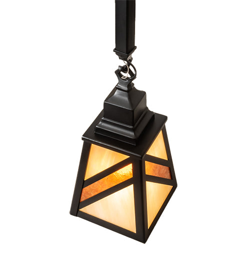 Meyda Lighting Santa Fe 5"Sq Flat Black Mini Pendant Light With Beige Iridescent & Amber Mica Shade Glass