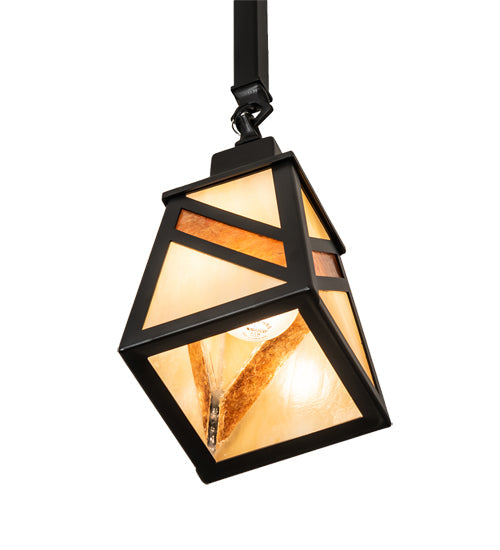 Meyda Lighting Santa Fe 5"Sq Flat Black Mini Pendant Light With Beige Iridescent & Amber Mica Shade Glass
