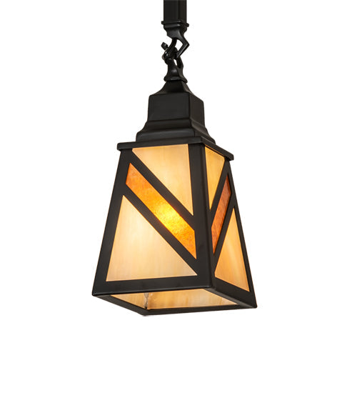 Meyda Lighting Santa Fe 5"Sq Flat Black Mini Pendant Light With Beige Iridescent & Amber Mica Shade Glass