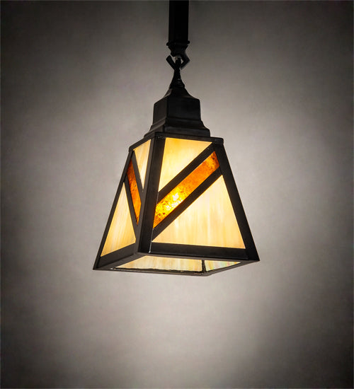 Meyda Lighting Santa Fe 6"Sq Flat Black Mini Pendant Light With Beige Art & Amber Mica Shade Glass