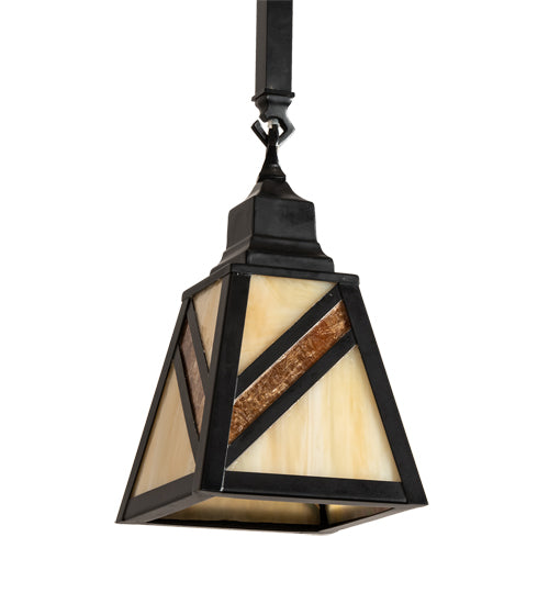 Meyda Lighting Santa Fe 6"Sq Flat Black Mini Pendant Light With Beige Art & Amber Mica Shade Glass
